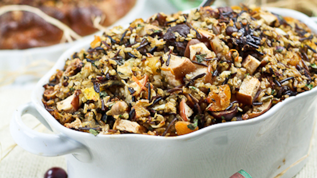 Brown Rice and Wild Rice Stuffing with Chestnuts and Dried Fruits