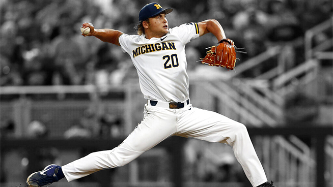 Michigan pitcher Willie Weiss (20) throws against Vanderbilt in the seventh inning of Game 2 of the NCAA College World Series baseball finals in Omaha, Neb., Tuesday, June 25, 2019. (AP Photo/John Peterson)