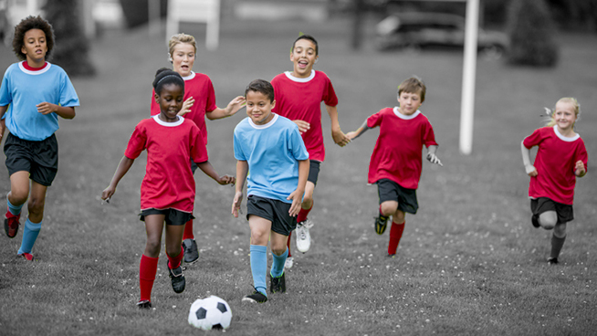 A multi-ethnic group of children are playing soccer, while running down a grass field, kicking and chasing the ball.