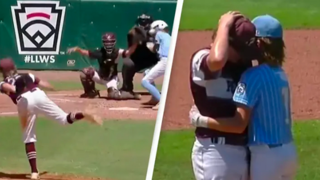 little league pitcher hit in head and then comforts pitcher