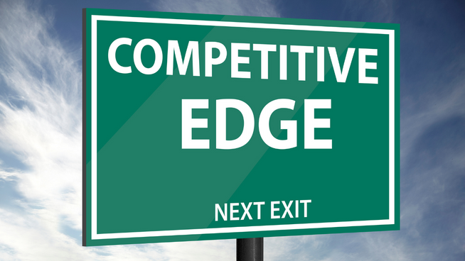 illustration of large green road sign that says competitive edge next exit with sky in the background - balance bracelet and posture bracelet