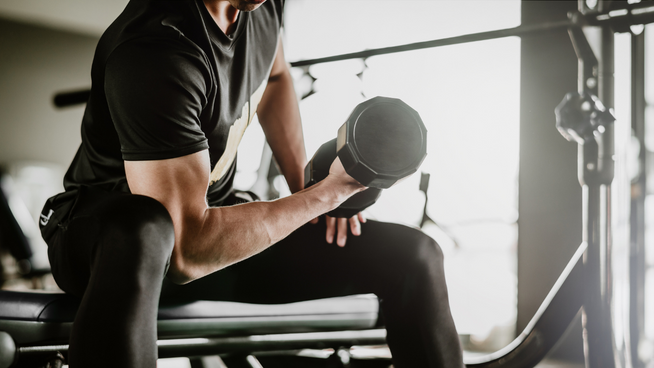 athletic male performing bicep curls in the weight room