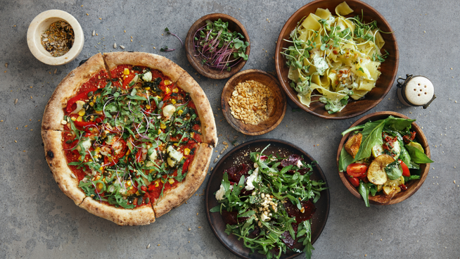 healthy vegan and vegetarian diet dishes on a table