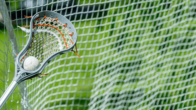lacrosse stick in front of the net with ball in it