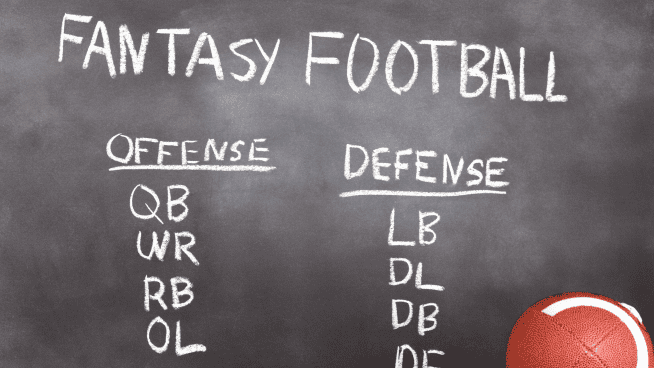 chalkboard with fantasy football positions and a football